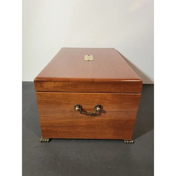 Vintage Wooden Jewelry Box Chest Organizer Yellow Felt Lined 2 Drawer Open Top - Picture 9 of 16